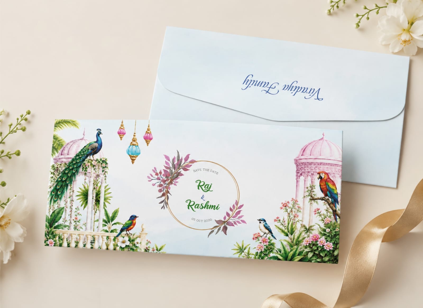 Raj & Rashmi peacock save-the-date Lifafa